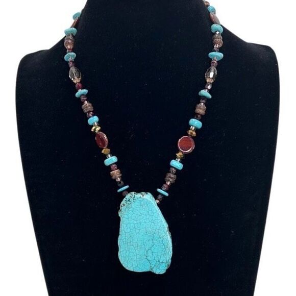 Vtg Glass & Stone Beaded Statement Necklace 9" Multicolor Howlite Stone Pendant - Picture 1 of 8